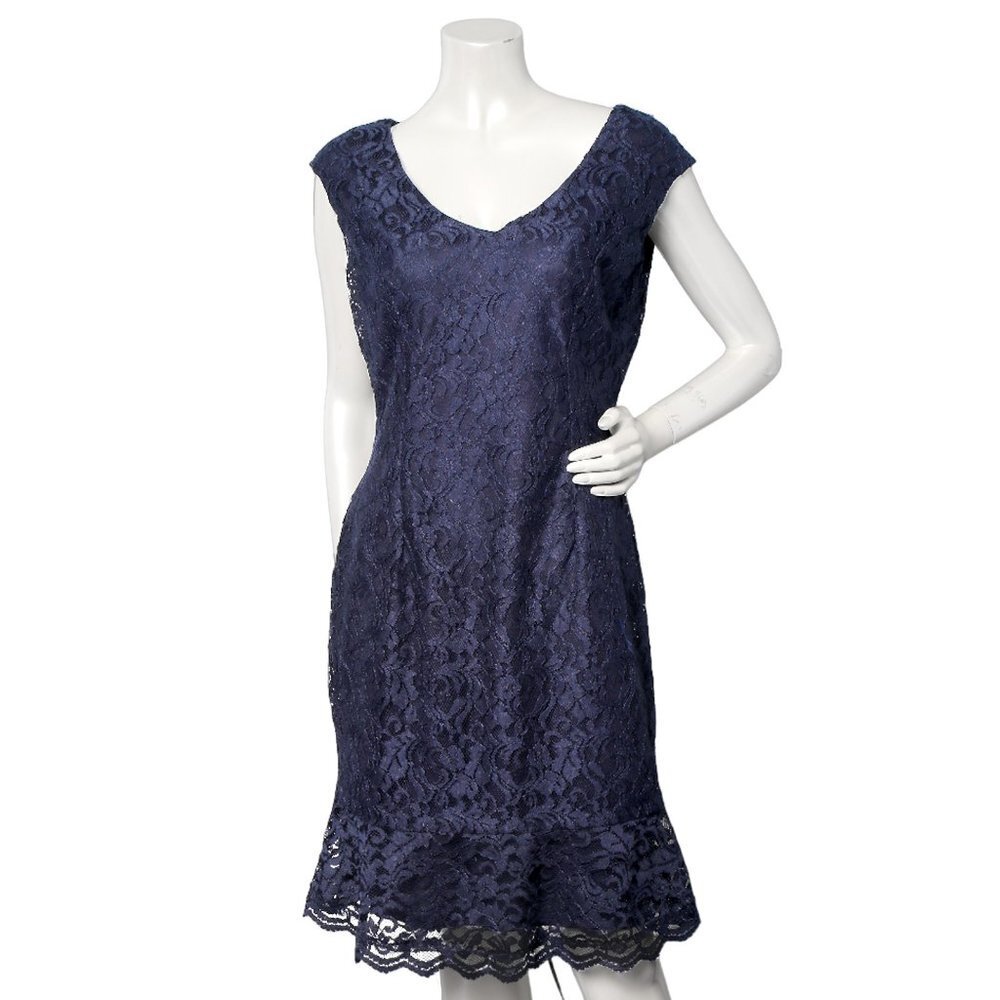 American Living Lace Dress Sleeveless Navy Blue Scoop Neck Cocktail Flair Hem